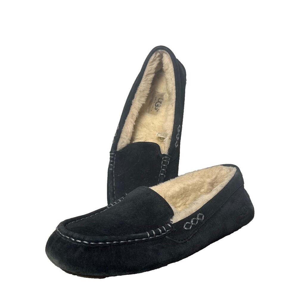 UGG Black Suede Slippers Women 8 Moccasin Shearling Lined Cozy House Shoes
